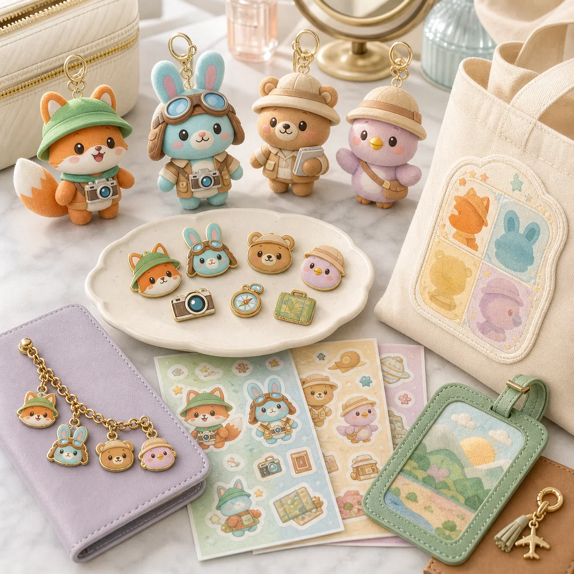 Merch de Copitoki: llaveros, pins, stickers, tote y libreta de los personajes