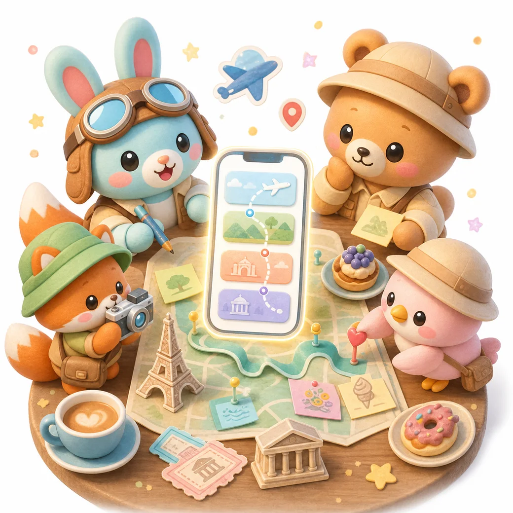 Los personajes de Copitoki planeando un viaje con un mapa y la app