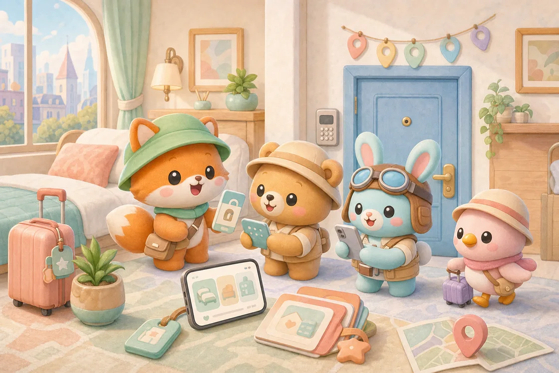 Los personajes haciendo check-in en su estancia